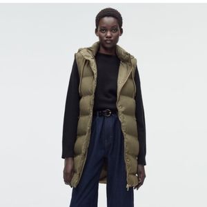 All Season ZARA long zip & snap front "hooded padded vest" sz L